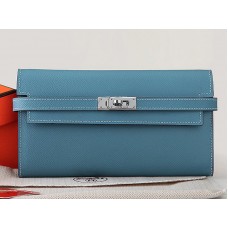 Hermes Epsom оригинален телешки Kelly дълъг портфейл светло син
