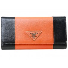 Кожен портфейл Prada Saffiano Tri-Fold, черен с оранжев цвят
