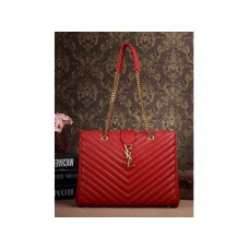 Чанта за пазаруване Yves Saint Laurent Classic Monogram в цвят червило Red Grain de Poudre от текстурирана кожа Matelasse