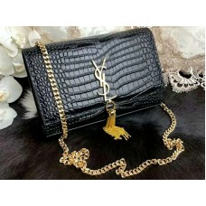 Saint Laurent Kate Medium с пискюл, лъскава кожа, черно